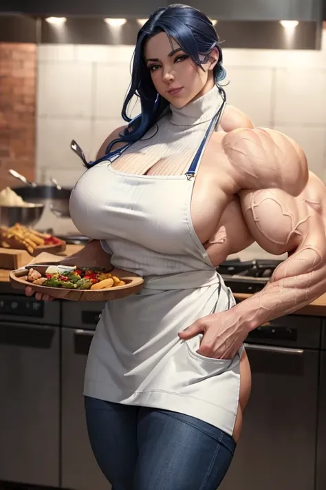 ((((Massive beautiful, buff, bulky, pale white skinned muscular, female chef with royal blue hair, ginormous bulky muscles, cooking and wearing a royal blue turtleneck sweater with a denim pants and a long apron)))), (close view), vascular, massive muscles...