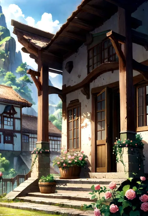 External wall painting of a three-story western-style building, White Wall, Light green doors and windows, Pink rose flowers, Flower vine, Anime Background Art, Relaxation concept art, Anime Landscape概念艺术, Very detailed scene, Beautiful artistic illustrati...