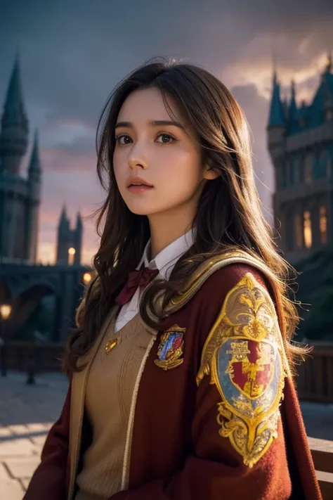 A young woman with light brown hair in a Gryffindor , facing forward with a serious expression,detailed facial features,intricate Hogwarts castle in the background,warm lighting,vibrant colors,cinematic composition