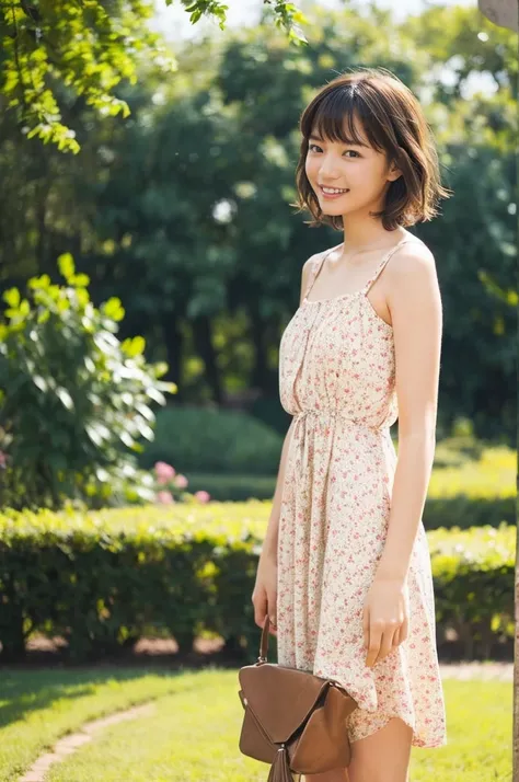 masterpiece, highest quality, disorganized, perfect anatomy, 1 girl, alone, pascal tales, short hair, beautiful, Hilarious, sunny day, botanical garden, Summer winds, sundress, Floral, wavy hair, smile