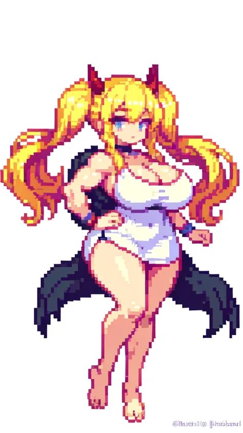 bbw,muscle,devil,barefoot,{{lift one leg}},{{very muscular}},{{very gigantic breasts}} ,{{very curvy}} , ,masterpiece , best quality , pixel art , 1 girl ,{full body},  voluptuous ,twintails,blonde hair ,white dress,white background 