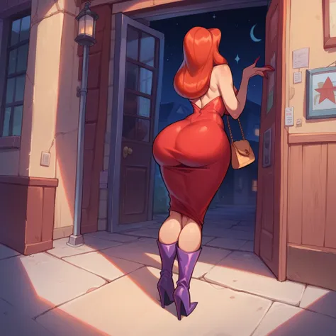 Jessica Rabbit is standing in a corner, she is wearing a red dress and long boots and a purse, big ass, bigtits, night