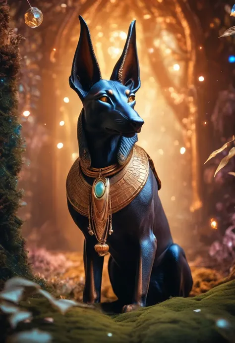 hyper realistic photography of a cute magical anubis in an enchanted wonderland, beautiful whimsical fantasy art concept, detailed background, glowing particles, rust theme, ultra sharp, realism, diffused light style