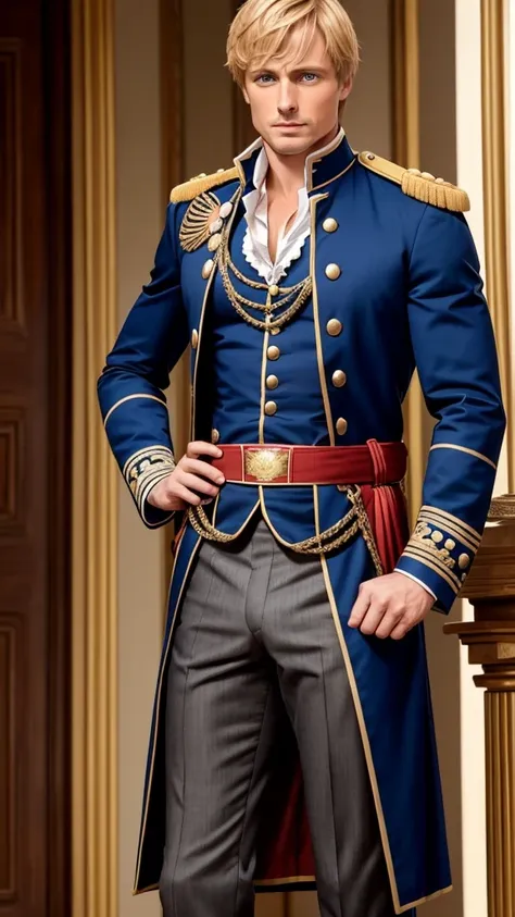 Bradley James handsome Victorian captain. The captain is 55 years old, muscular, blond, dressed in a ceremonial uniform, tight-fitting to his body and showing his muscles, buttoned up with all the buttons. His dreamy gaze is directed into the distance. The...