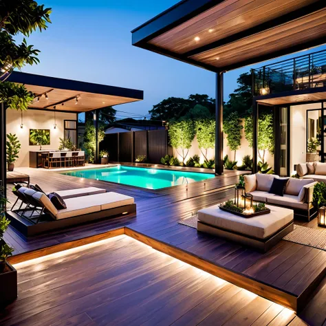 Create a luxurious and modern outdoor space with a sleek swimming pool. The setting should feature a container home with a stylish, industrial design. Include string lights for a cozy ambiance, comfortable outdoor seating with modern chairs and a table, an...