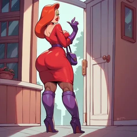 Jessica Rabbit is standing in a corner, she is wearing a red dress and long boots and a purse, big ass, bigtits, night
