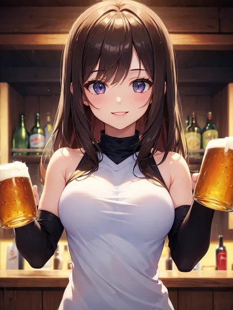 (masterpiece:1.5),(Beat quality),(high res),1girl solo,beautiful face,smile(shining eyes),upper body,light effects,Woman in plain clothes,Beer ,The background is a bar