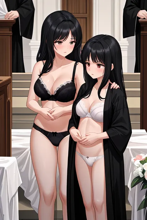 Beauty mother-in-law　Black Hair　A little height difference　Mother and daughter have beautiful breasts　Both mother and daughter are wearing black mourning clothes　funeral　church　Death of husband　Death of Father　Both mother and daughter are grieving　White br...