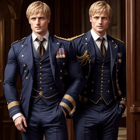 bradley james handsome victorian captain. the captain is 55 years old, muscular, blond, dressed in a ceremonial uniform, tight-f...