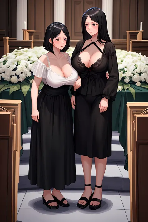 Beauty mother-in-law　Black Hair　A little height difference　Mother and daughter have beautiful breasts　Both mother and daughter are wearing black mourning clothes　funeral　church　Death of husband　Death of Father　Both mother and daughter are grieving　White br...