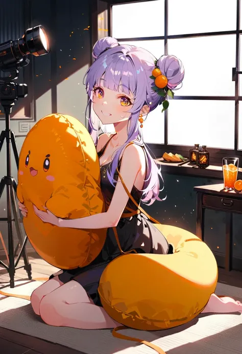 Purple hair girl painting、Glass mandarin orange earrings decorate both ears、Eye color: Ocean pink purple、Space Eyes、Inside the room、(((Giant orange shaped cushion)))、((Hugging on a cushion))、Sit down, long hair、Bun Hair、Cool and complicated, Hand holding s...