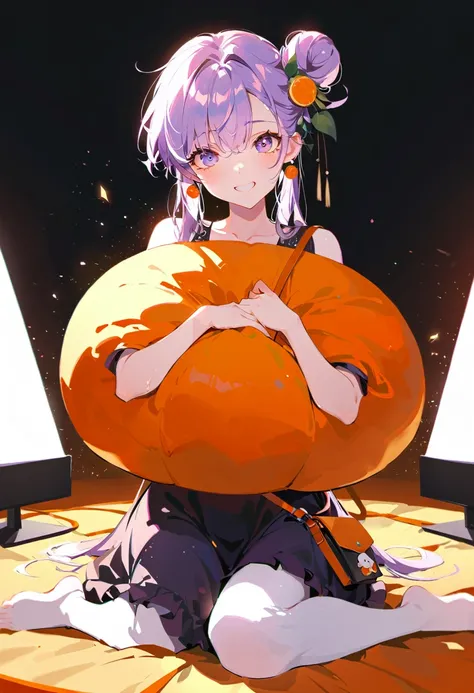 Purple hair girl painting、Glass mandarin orange earrings decorate both ears、Eye color: Ocean pink purple、Space Eyes、Inside the room、(((Giant orange shaped cushion)))、((Hugging on a cushion))、Sit down, long hair、Bun Hair、Cool and complicated, Hand holding s...