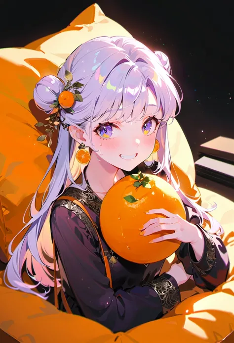 Purple hair girl painting、Glass mandarin orange earrings decorate both ears、Eye color: Ocean pink purple、Space Eyes、Inside the room、(((Giant orange shaped cushion)))、((Hugging on a cushion))、Sit down, long hair、Bun Hair、Cool and complicated, Hand holding s...