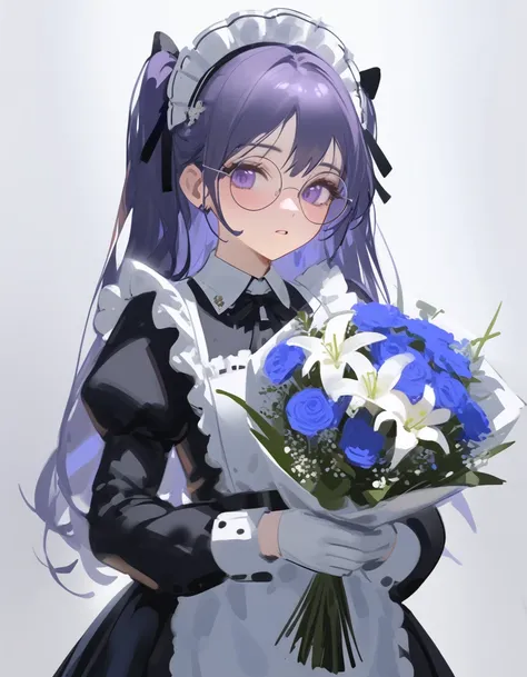 Ciloranko,  wlop, 1girl,  独奏,  flower,  bouquet,  purple eyes,  maid headdress,  looking at viewer,  maid,  apron,  holding,  white background,  long sleeves,  holding bouquet,  dress,  bow,  juliet sleeves,  puffy sleeves,  blush,  simple background,  par...