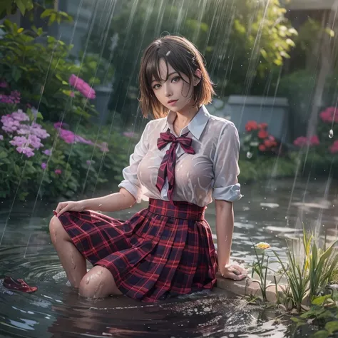 Woman in playing with water in backyard, ((fully school clothed)), short tinted hair in a bob, , bright sunshine, summery palette, playful, gentle smile, clothes made of water, photorealistic, dripping wet, beautiful realistic photo, hyperrealistic fantasy...