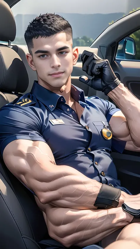 (Create a masterpiece: 1.2),(CGI art:1.3),(realistic:1.5),(After processing:1.3),(Sharp focus:1.3), 1 man holds the steering wheel of a car ,(crew cut short hair:1.8),black eye, smile,(navy police uniform outsite :1.5),(shirt short sleeves:1.5),collar,(shi...