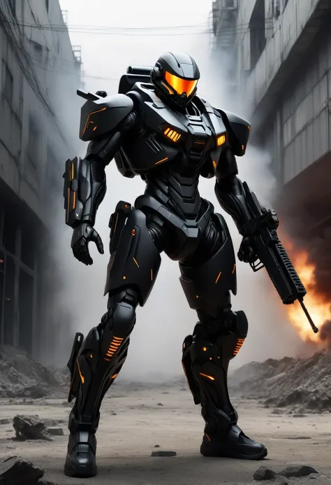 Draw a special forces soldier in a futuristic ultra-modern black matte exoskeleton suit, full length, without unnecessary people and characters in the frame, the figure of a fighter holds only one weapon in the form of a futuristic machine gun in both hand...