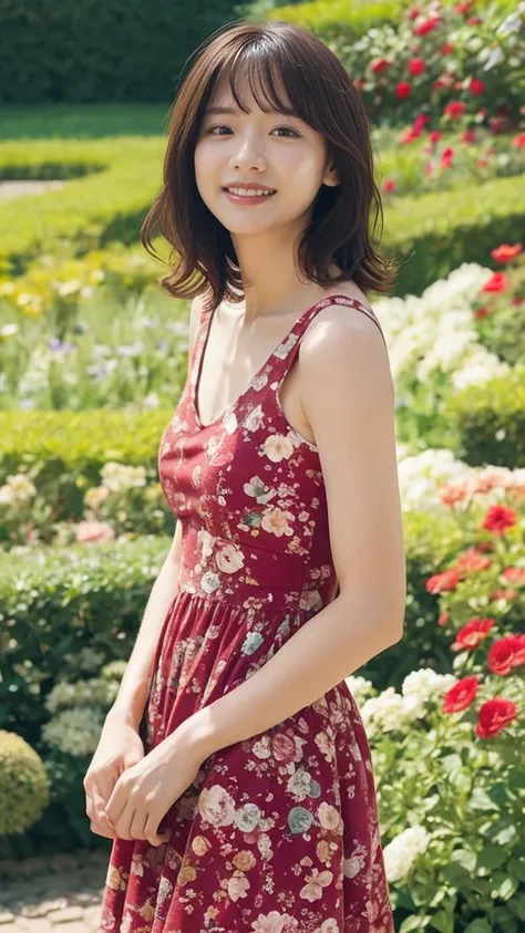 masterpiece, highest quality, disorganized, perfect anatomy, 1 girl, alone, pascal tales, short hair, beautiful, Hilarious, sunny day, botanical garden, Summer winds, sundress, Floral, wavy hair, smile