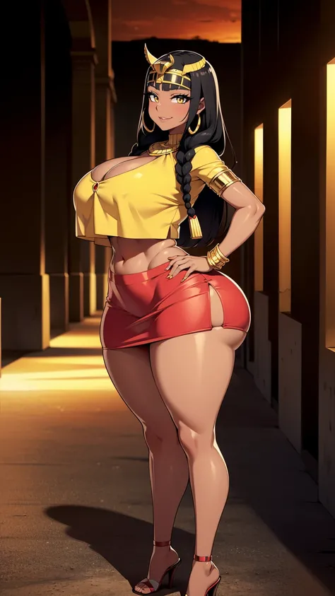 4K Quality, sexy smile, sexy pose, (black egyptian crop top and skirt), standing up, ((black and red braids)), (dark skinned), thick thighs, big breasted, big ass, looking at viewer, amber eyes, night time, bedroom eyes, full body, egyptian city background...