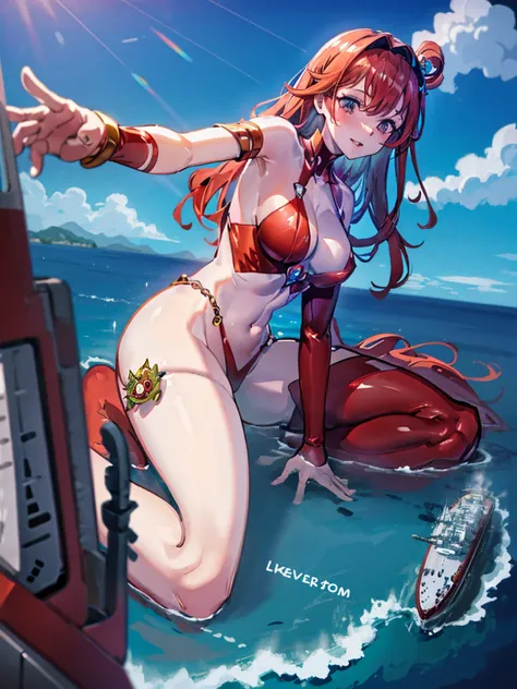 Giantess appears from underwater in front of a giant cruise ship, the cruise ship looks very small in front of her because it is giant, she is naked, she has red hair and white skin, she has small breasts but very sexy legs and her body is very curvy. Godd...