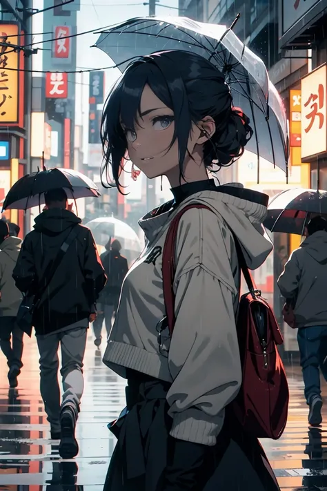 Anime Style,Men walk slowly through Tokyo, listening to the sound of rain. Colorful hydrangeas are blooming. They look like theyre having a little fun.Umbrella, Ultra Detailed, High Detail, High Quality, Award Winning, Best Quality, High Resolution, 1080p,...