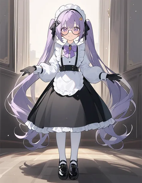 score_9, score_8_up, score_7_up, source_アニメ, 1girl, 独奏, full body, long hair, twintails, maid, oversized clothes, frills, white shirt, long shirt, puffy sleeves, very long sleeves, violet bow tie, bow tie brooch, maid headdress, maid apron, white pantyhose...