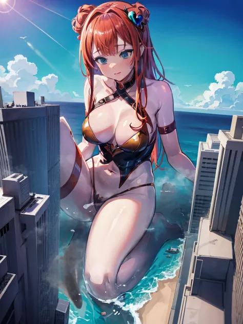 Giantess appears from underwater in front of a giant cruise ship, the cruise ship looks very small in front of her because it is giant, she is naked, she has red hair and white skin, she has small breasts but very sexy legs and her body is very curvy. Godd...