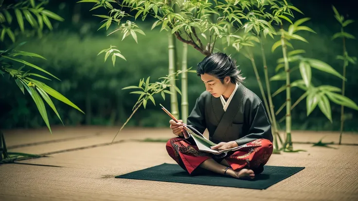 Hyper-maximalism, 4K, enhanced detailed matte painting; Close-up view of Miyamoto Musashi as he sits cross-legged on a tatami mat, intently focused on writing Japanese calligraphy with a brush amidst a beautiful serene garden. A little shrike solemnly perc...