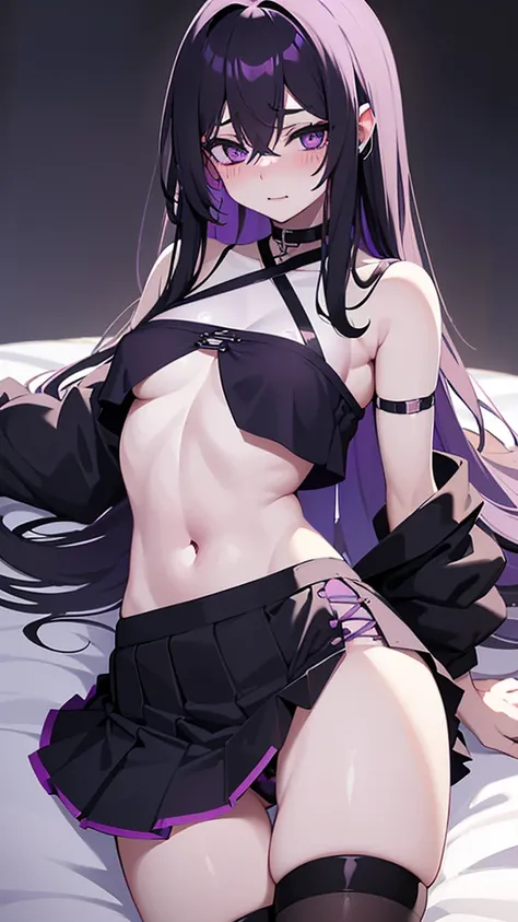 Teenage girl ((White skin)) ((purple eyes)) ((long hair, emo on one eye)) ((black hair)) ((Shy and blushing)) ((small breasts)) ((small hips)) ((lying in bed with the shirt slightly raised showing the abdomen)) ((slightly revealing skirt showing thighs)) (...