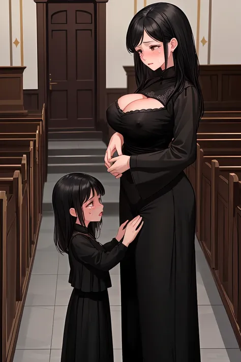 Beauty mother-in-law　Black Hair　A little height difference　Mother and daughter have beautiful breasts　Both mother and daughter are wearing black mourning clothes　funeral　church　Death of husband　Death of Father　Both mother and daughter are holding back tear...