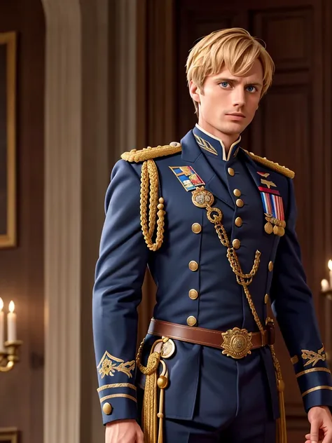 bradley james handsome victorian captain. the captain is 55 years old, muscular, blond, dressed in a ceremonial uniform, tight-f...