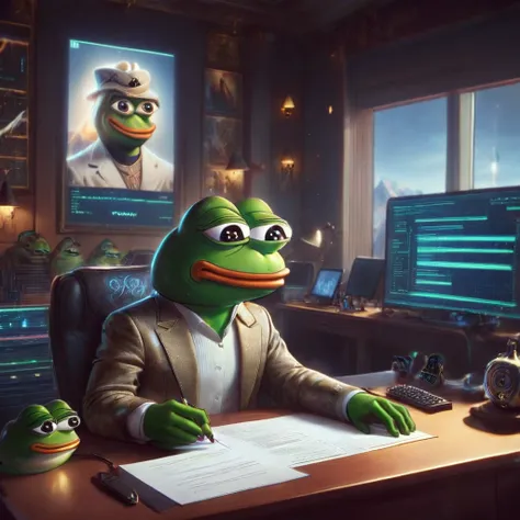 Pepe the frog, auditing a contract in solana blockchain, 1boy, frog face, sitting at desk, digital art, intricate details, cinematic lighting, warm tones, solana blockchain interface, high-quality, photorealistic, 8k, award winning digital art