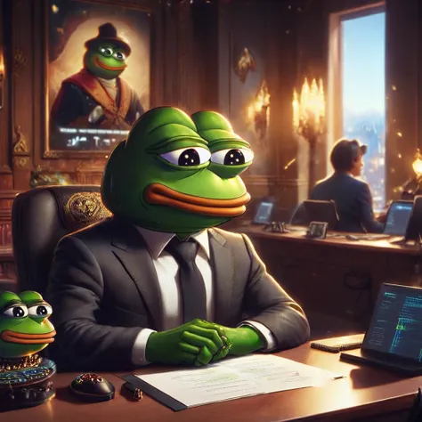 pepe the frog, auditing a contract in solana blockchain, 1boy, frog face, sitting at desk, digital art, intricate details, cinem...