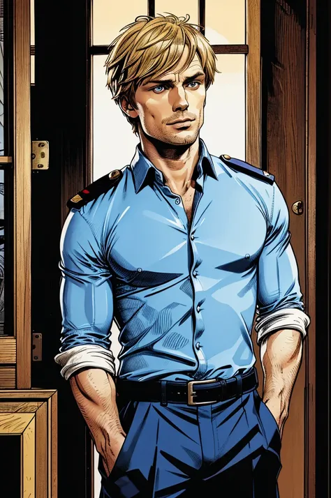 Bradley James handsome Victorian captain. The captain is 55 years old, muscular, blond, dressed in a ceremonial uniform, tight-fitting to his body and showing his muscles, buttoned up with all the buttons. His dreamy gaze is directed into the distance. The...