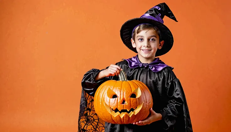 boy wearing halloween costume standing holding spooky pumpkin on orange background