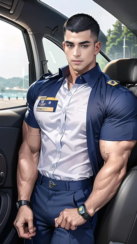 (Create a masterpiece: 1.2),(CGI art:1.3),(realistic:1.5),(After processing:1.3),(Sharp focus:1.3), 1 man holds the steering wheel of a car ,(crew cut short hair:1.8),black eye, smile,(navy police uniform outsite :1.5),(shirt short sleeves:1.5),collar,(shi...