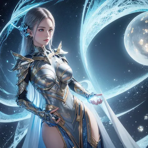 A digitally rendered female figure in intricately detailed futuristic armor that blends metallic and organic design elements. She gazes thoughtfully at a glowing orb held delicately in her right hand, which seems to contain a swirling galaxy or energy mass...