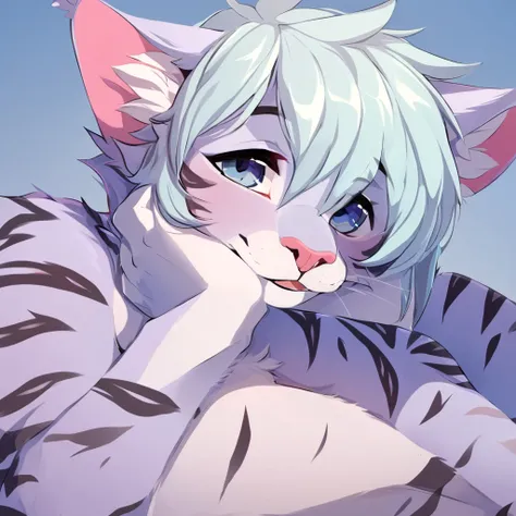 adult, feline, mammal, anthro, anthropomorphic, cat, striped, fur, furred_anthro, femboy, male, light_blue, pink_ears, ear_tufts, purple, paws, hair_tuft, hair_between_eyes, long_tail, fluffy, gentle_expression, expressive_eyes, slightly_smiling light_blue...