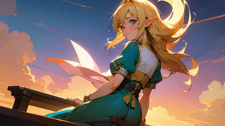 Anime Style,Nostalgic,Detailed background,The medieval world,A lively bar with lots of people,Beautiful sky,A beautiful bard elf girl looking back at me,Protruding buttocks