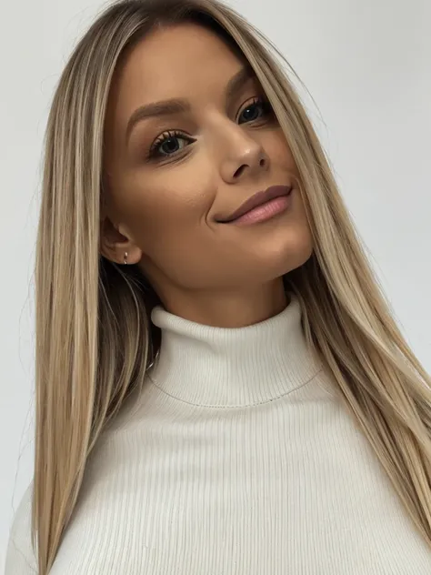 Photo of a gorgeous blonde, she is wearing an off-white skinny tight ribbed turtleneck sweater