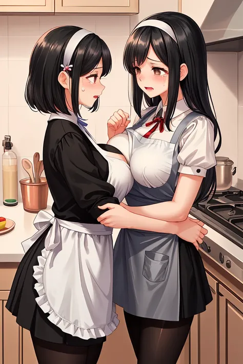 Beauty mother-in-law　Black Hair　A little height difference　Mother and daughter have beautiful breasts　hair band　Both mother and daughter are holding back tears.　apron　kitchen　mini skirt　Black Pantyhose　