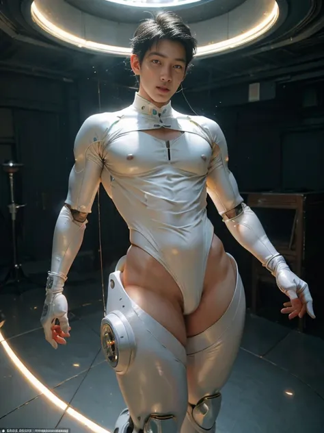 (masutepiece,High resolution,ultra - detailed:1.0),1(Boy,Robot Boy),Perfect male body,Look at the camera,Delicate eyes and delicate face,extremely details CG,Unity 8k wallpaper,intricate-detail,solo person,Detailed face, (Futuristic skin-perfect sexy white...