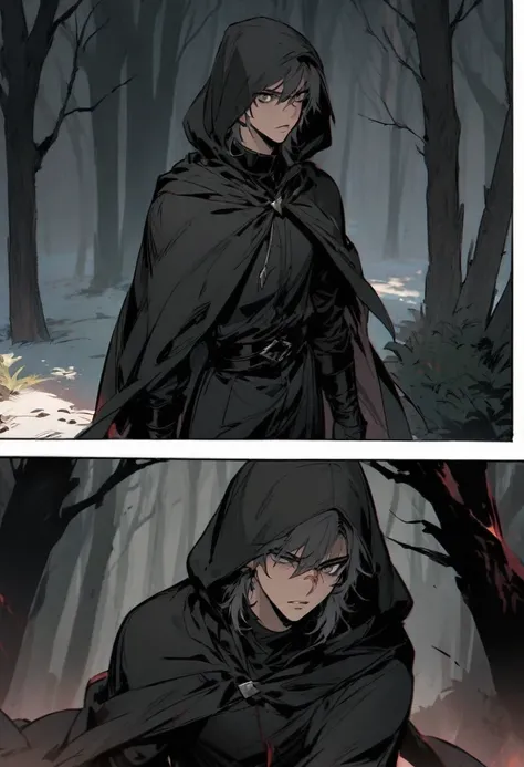 young man ,Male Dark, dark Woods,Red & Black colors, gray eye, rogue dnd, wear cape, hood, have scar