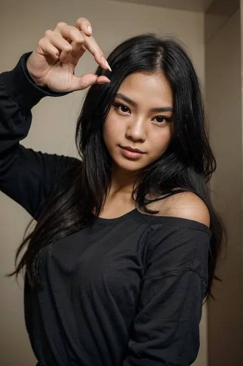 A photo of a Filipina woman with long black hair doing the number five hand gesture, her face is facing forward and she has no makeup on her face. The background color should be purple. Shes wearing casual . Her left palm must have four fingers extended up...