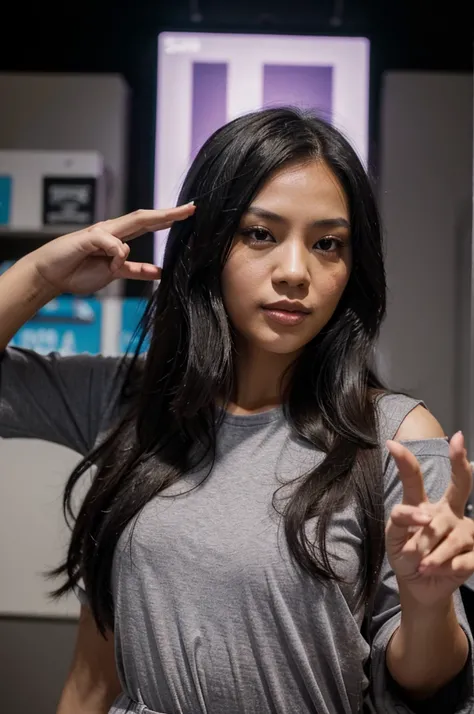 A photo of a Filipina woman with long black hair doing the number five hand gesture, her face is facing forward and she has no makeup on her face. The background color should be purple. Shes wearing casual . Her left palm must have four fingers extended up...