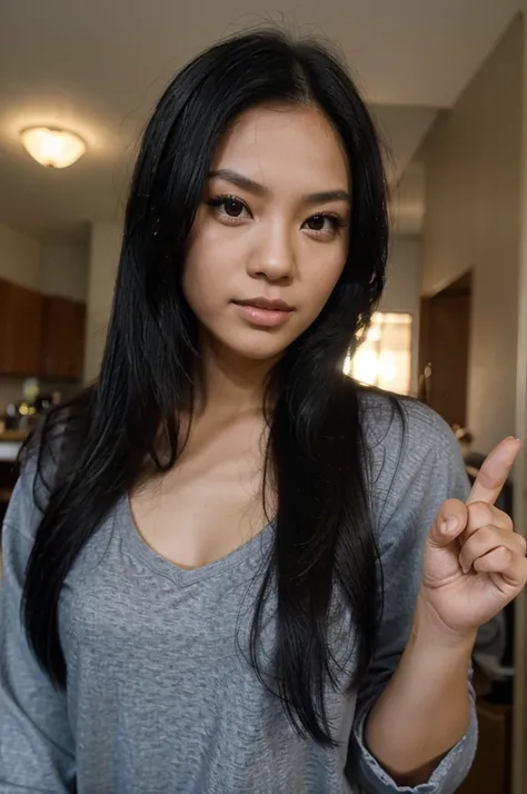 A photo of a Filipina woman with long black hair doing the number five hand gesture, her face is facing forward and she has no makeup on her face. The background color should be purple. Shes wearing casual . Her left palm must have four fingers extended up...