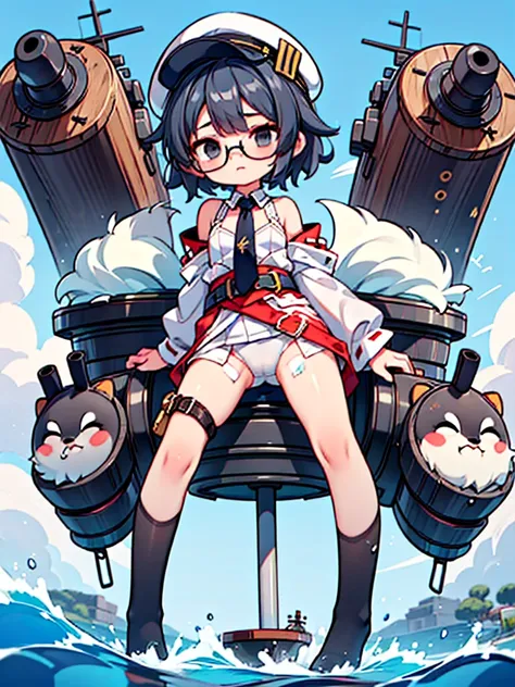 ((((Full body of a woman with perfect flat chest、solo、Short unkempt black hair、Tie your messy hair at the nape of your neck、white military jacket、Miko costume、tights、Black glasses、White military cap、Cloudy black eyes、Sleepy expression、Falcon Hair Accessori...