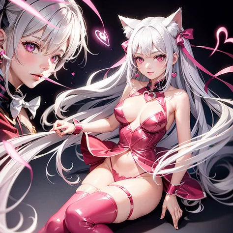 Silver hair, pink eyes, body, cat ears, sexy girl, earrings, heart background fantasy, red pink uniform, hair bow