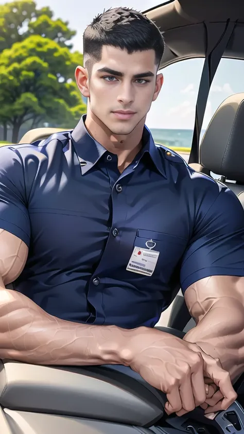 (Create a masterpiece: 1.2),(CGI art:1.3),(realistic:1.5),(After processing:1.3),(Sharp focus:1.3), 1 man holds the steering wheel of a car ,(crew cut short hair:1.8),black eye, smile,(navy police uniform outsite :1.5),(shirt short sleeves:1.5),collar,(shi...