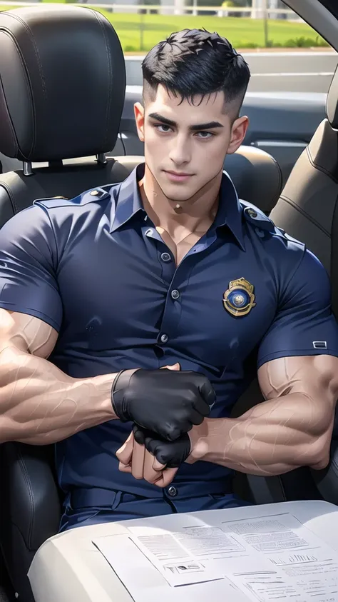 (Create a masterpiece: 1.2),(CGI art:1.3),(realistic:1.5),(After processing:1.3),(Sharp focus:1.3), 1 man holds the steering wheel of a car ,(crew cut short hair:1.8),black eye, smile,(navy police uniform outsite :1.5),(shirt short sleeves:1.5),collar,(shi...